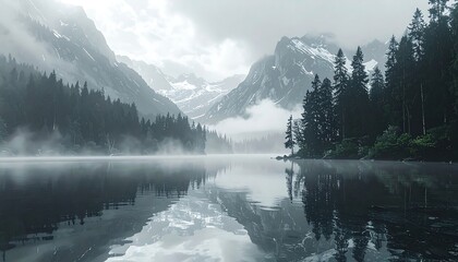 Misty mountain lake reflecting trees and snow-capped peaks under a cloudy sky. Calm, serene, and breathtaking