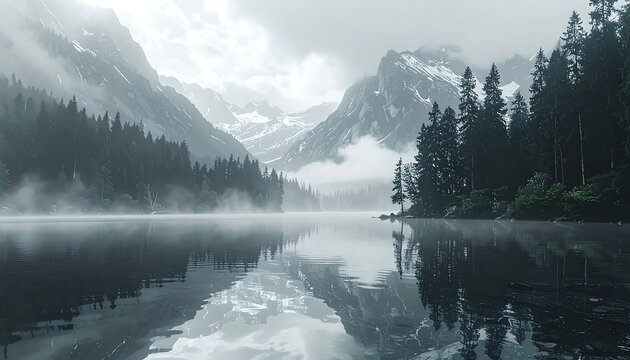 Misty mountain lake reflecting trees and snow-capped peaks under a cloudy sky. Calm, serene, and breathtaking