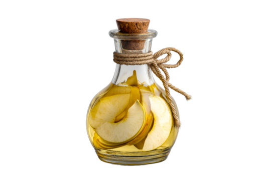 Glass bottle with cork and dried apple slices on a transparent background, cut out