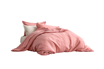 Soft salmon pink duvet and pillows on white background on a transparent background, cut out