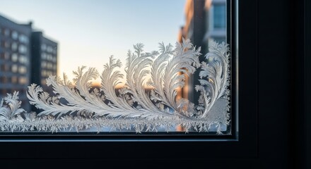 Frosty window pane winter scene with ice crystals and frozen patterns on a cold morning day view
