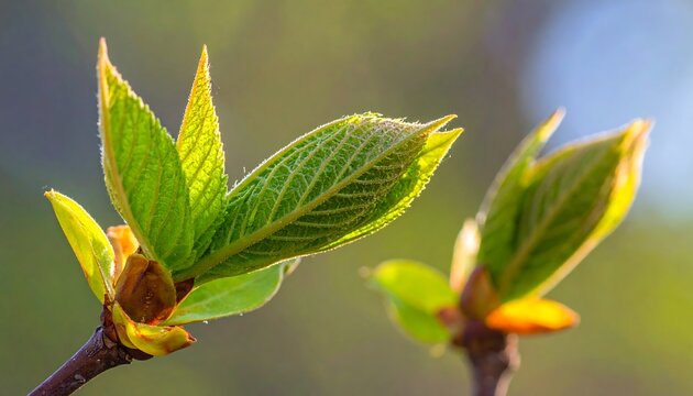 New buds burst forth, revealing vibrant green leaves against a soft, blurred background of sunlight and spring colors