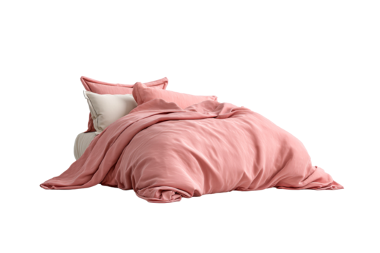 Soft salmon pink duvet and pillows on white background on a transparent background, cut out