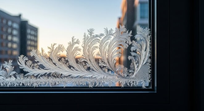 Frosty window pane winter scene with ice crystals and frozen patterns on a cold morning day view - Powered by Adobe