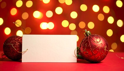 Red background with Christmas balls and soft bokeh lights, holding a blank, horizontally aligned rectangular card