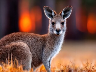 Fototapeta premium Lone kangaroo stands in golden grass during a beautiful sunset
