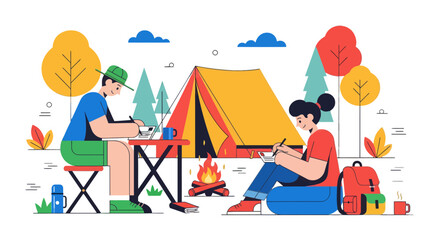 Fototapeta premium Camping Couple Working And Writing Outdoors In Minimalist Style Under The Night Sky