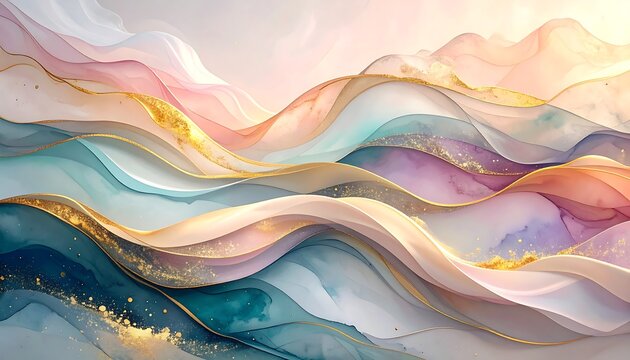 Pastel wavy abstract with golden accents. Serene, flowing lines create a dreamlike, soft texture