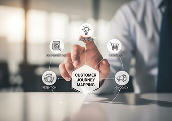 Customer journey mapping concept with hand touching the center hexagon and icons for awareness, consideration, decision, advocacy, and purchase on blurred background, a crucial aspect of marketing