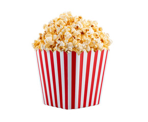 Popcorn in classic red and white striped bucket on a transparent background, cut out