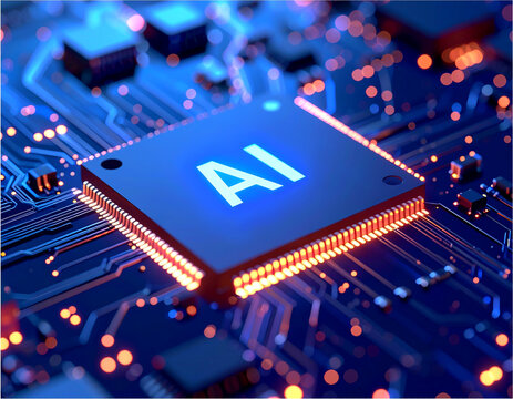 Futuristic macro close-up of a glowing AI microchip on a digital circuit board, symbolizing artificial intelligence, machine learning, and advanced computer technology.  - Powered by Adobe