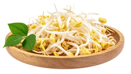 Pile of bean sprouts on a wooden plate, with green leaves, isolated on white, clean and crisp food photography