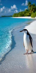 Obraz premium Lone penguin strolls along smooth shore by turquoise sea