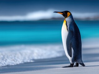 Obraz premium Lone penguin strolls along a smooth shoreline with a turquoise sea