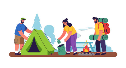 Fototapeta premium Camping Adventure: Friends Setting Up Camp, Preparing Food, and Enjoying Wilderness