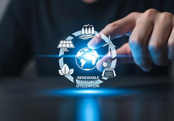 A persons finger touches a digital globe surrounded by icons representing renewable resource utilization, set against a blurred background, symbolizing sustainable energy