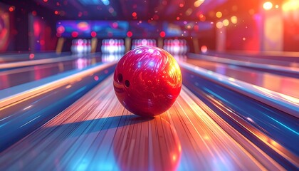Red bowling ball poised on lane, ready to roll. Bowling alley background blurred with warm and cool colored lights