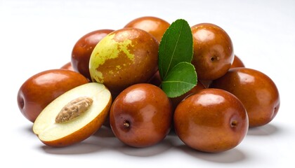 Pile of brown jujubes, one cut in half with a light seed, leaves on top, on a white surface