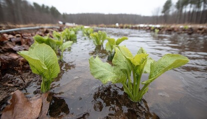 Young green plants grow in waterlogged soil with a blurry background.
