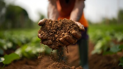 Farmer holding soil in hands in cultivated land close up