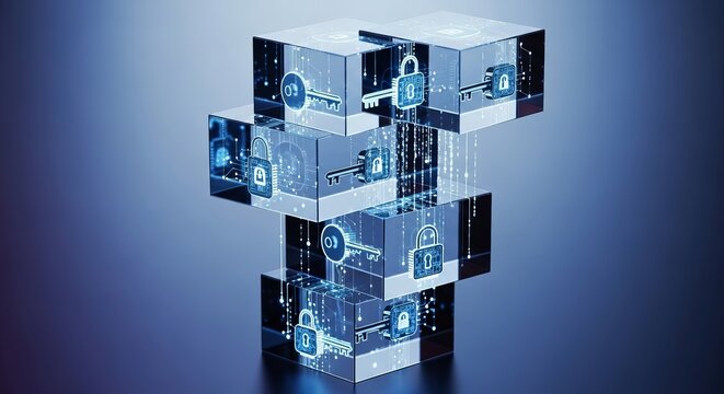 Blockchain technology concept with keys and locks for security and data protection online access