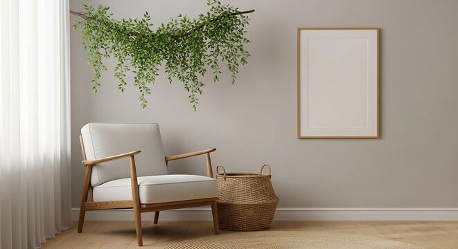 Minimalist interior with a cozy armchair hanging plant and framed picture - Powered by Adobe