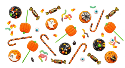 Colorful halloweenthemed candies, lollipops, and treats scattered on transparent background