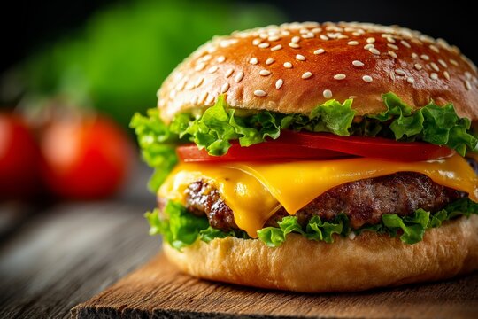 Close-up of a juicy cheeseburger with melted cheese, fresh lettuce, tomato and sesame bun on a wooden table