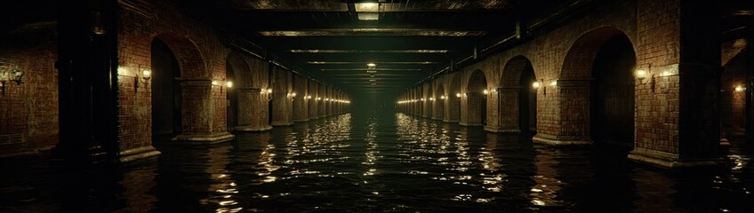 Dark arched corridor with reflective water and glowing lights.