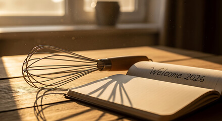 Rustic whisk rests on a sun-drenched wooden table next to an open notebook, with 'WELCOME 2026' inscribed, symbolizing fresh culinary inspiration and new year resolutions