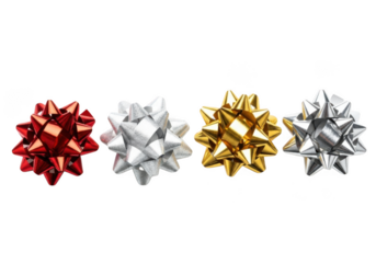 Four assorted metallic gift bows in red, silver, and gold, isolated on transparent background