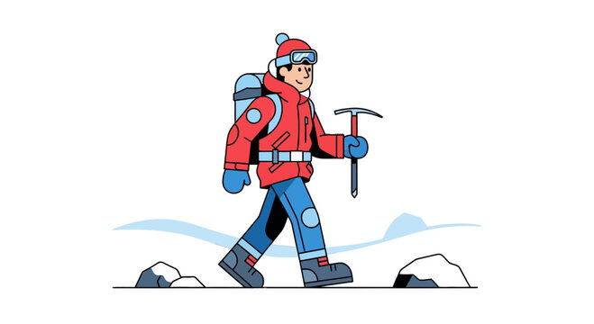 Cartoon Adventurer Climbs Snowy Slopes with Ice Axe During Winter Exploration Journey
