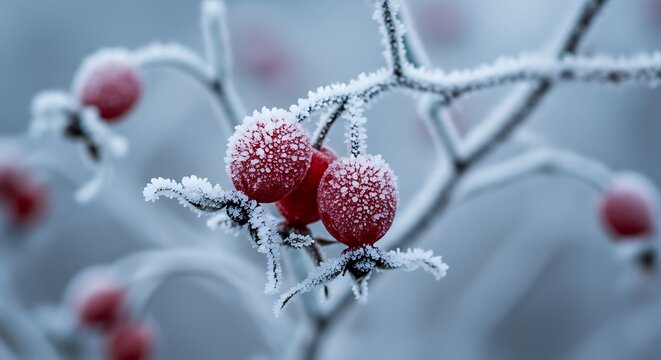 Frost covered red berries on a winter branch