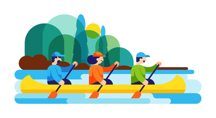 Cartoon Illustrated People Paddling a Canoe Through a Picturesque Landscape of Nature