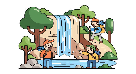 Cartoon Illustration Depicting Hikers Trekking Near a Majestic Waterfall and Lush Landscape