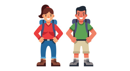 Cartoon Adventurers in Nature, Concept of Hiking and Outdoor Recreation Activities