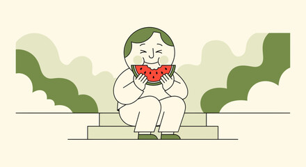 Cartoon Illustration Of A Person Enjoying A Refreshing Slice Of Watermelon