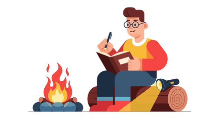 Cartoon Illustration Of A Person Enjoying Camping Near A Campfire And Writing
