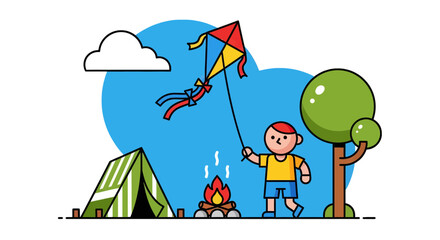 Cartoon Illustration Of Boy Enjoying Fun Camping Activities With Kite And Bonfire