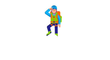 Cartoon Alpinist Saluting, Represents Mountaineering Adventure With An Orange Backpack