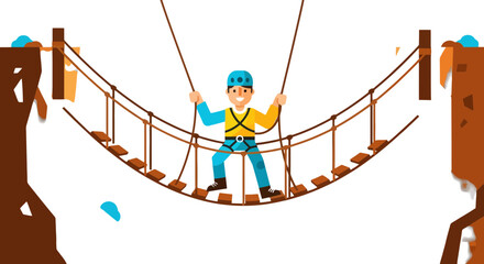 Cartoon Illustration Of Person Trekking Across Suspension Bridge With Helmets