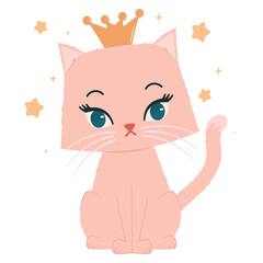 cute hand drawn cartoon character princess cat vector illustration with yellow stars isolated on white background