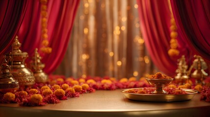 luxury faceless navratri festival background, golden temple bells and marigold garlands, saffron and red drapes with shimmering diyas, copy space pedestal for product placement