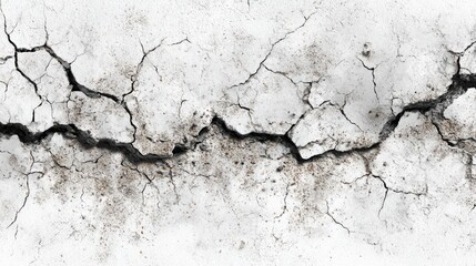 Obraz premium Cracks spread across a concrete surface revealing weathering and deterioration. The texture displays signs of age with dark patches indicating possible mold or dirt buildup.