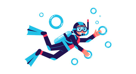Cartoon Diver Swimming Amongst Bubbles With Blue Fins And A Smiling Expression