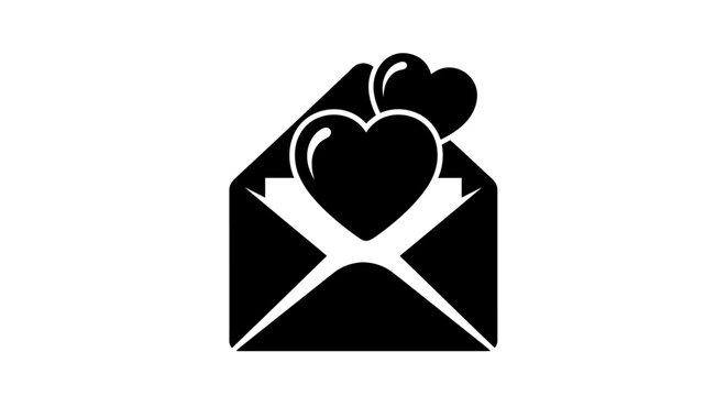 Black and white illustration of hearts emerging from an envelope