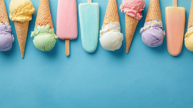 An array of vibrant ice cream cones and popsicles is displayed against a cheerful blue backdrop. Flavors include mint strawberry vanilla and more offering a refreshing treat.