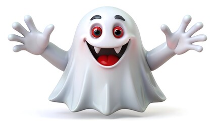 Cute cartoon ghost with fangs and big red eyes smiling