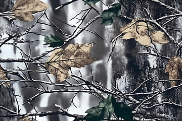Real-tree camouflage pattern, with brown and green leaves on tree branches, brown pines in the background, a seamless repeating pattern, green leaves