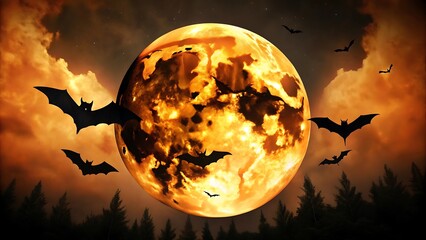 Spooky halloween full moon with bats flying in a dark forest